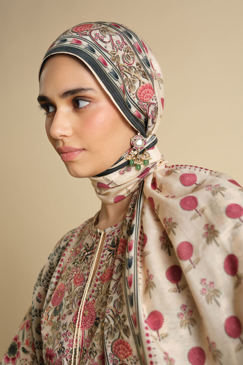 Demoiselle Printed Silk Stole - Ivory, Ivory, image 1